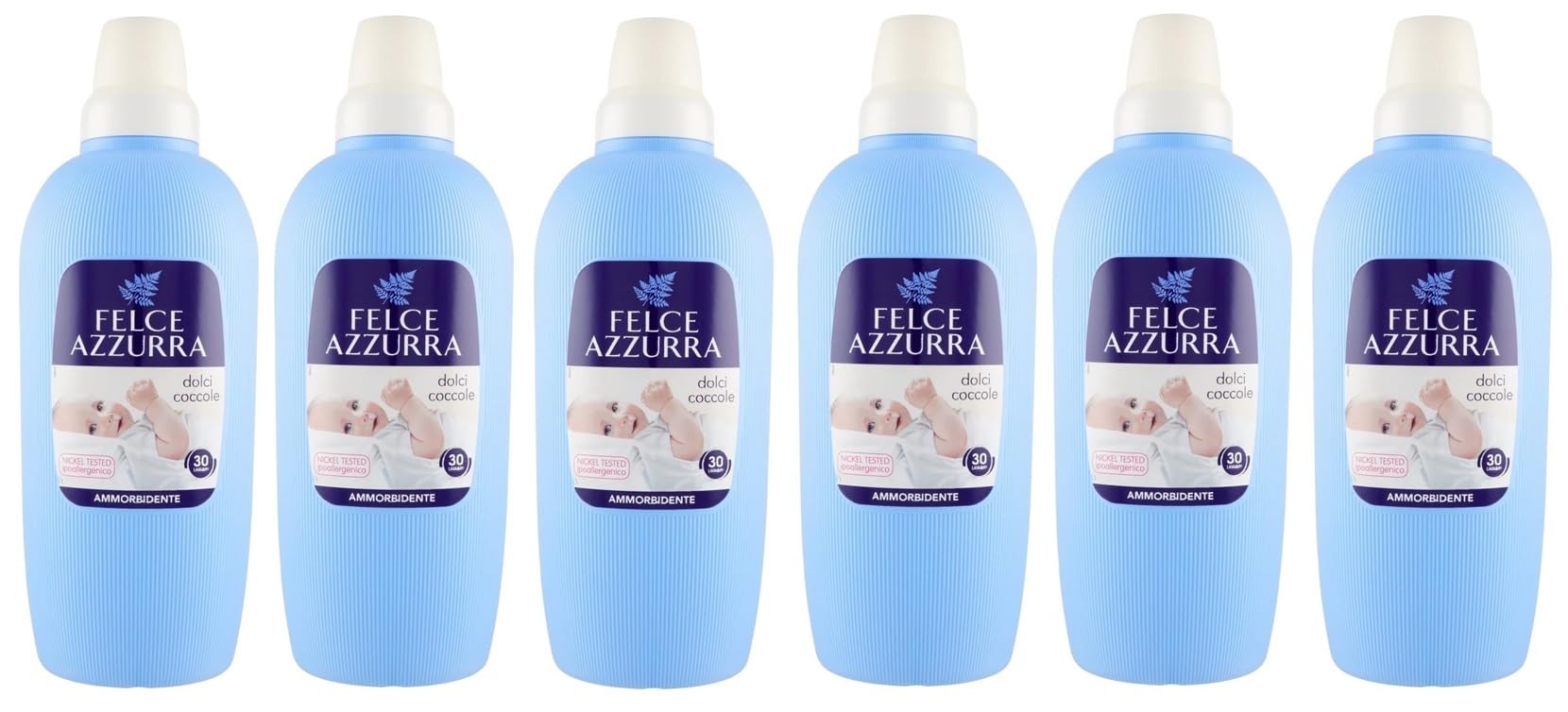 6 x Felce Azzurra Weichspüler für süße Coccole, unverwechselbarer Duft, weiche Kleidungsstücke, 30 Waschgänge, 2 l