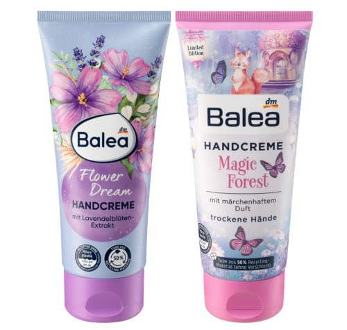 Balea 2er-Set Handpflege: Handcreme FLOWER DREAM mit Sheabutter, Lavendelblüten-Extrakt und Duft nach Lavendel & Malve (100 ml) + Handcreme MAGIC FOREST für trockene Hände (100 ml), 200 ml