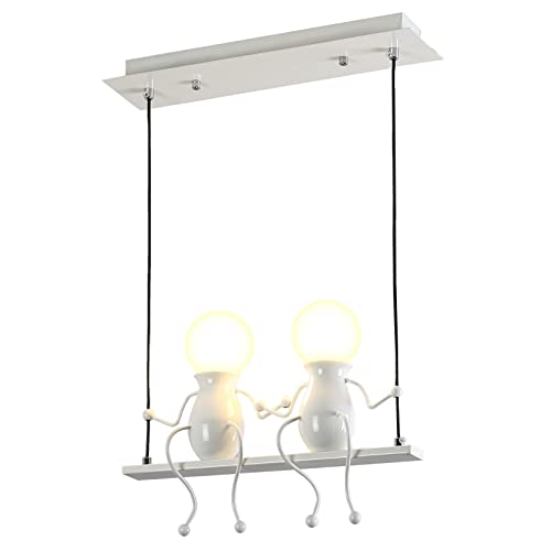 YOXANG Kreativ LED Pendelleuchte Decke Modern Doppelte kleine Leute Kronleuchter Einstellbar Hängeleuchten Esszimmer Eisen Karikatur Puppe Deckenleuchten 2 × E27 (Weiß)