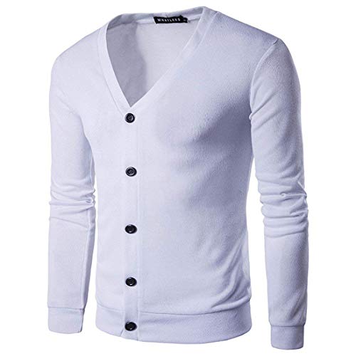 Autumn Winter Cardigan Men's Neck Pure Fashion Color V Herrenmode Sweater Normallacks Langarm Einreihig Strickmantel Strickjacken (Color : Weiß, Size : S)