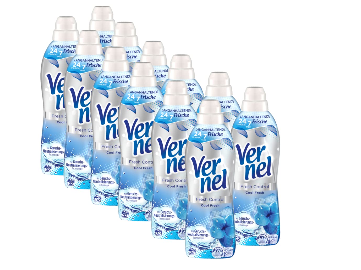 Vernel Fresh Control Cool Fresh Weichspüler (12x32 Waschladungen), Wäscheduft für 24/7 langanhaltende Frische mit Geruchs-Neutralisierungs-Technologie, recycelbare Flasche