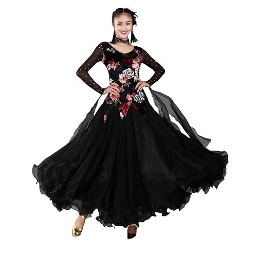 JRUIA Professionelle Ballsaalwettbewerb Tanzkleider Für Frauen Samt Moderner Tanz Walzer Leistung Tanz Outfit Foxtrot Flamenco Kostüm Mit Strass,Schwarz,XXL