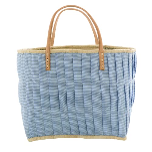 Rice Large Check Fabric Covered Bag with Leather Handles - Blue
