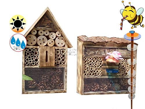 Insektenhaus Dunkelbraun Teak Look mit Schmetterlingshaus braun Gartendeko-Stecker als funktionale Bienentränke + 2X Lotus BIENENHAUS Insektenhaus,XXL Bienenstock & Bienenfutterstation