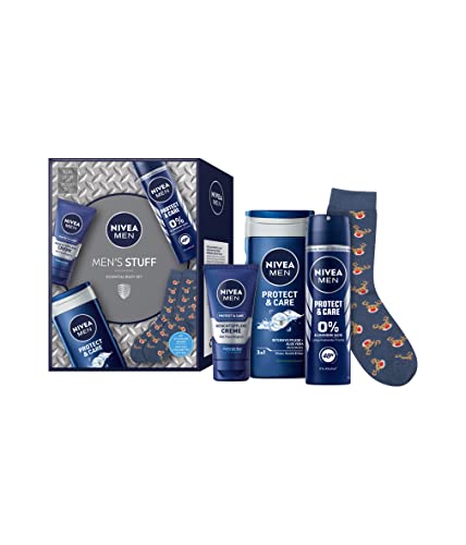 NIVEA MEN Men's Stuff Geschenkset, attraktive Geschenkbox mit Pflege-Favoriten für einen aktiven Lifestyle, Pflegeset mit Duschgel, Gesichtscreme, Deo und XMAS-Socken
