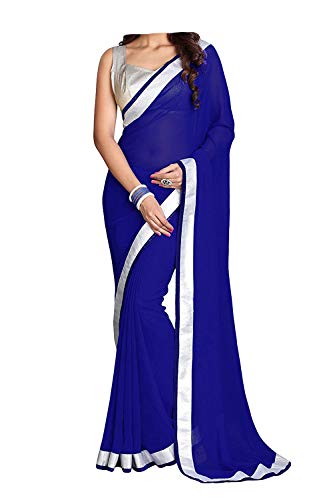 ABN FashionDamen Faux Georgette Sari indisches ethnisches Kleid Hochzeit Sari mit ungenähter Bluse - Blau - Einheitsgröße