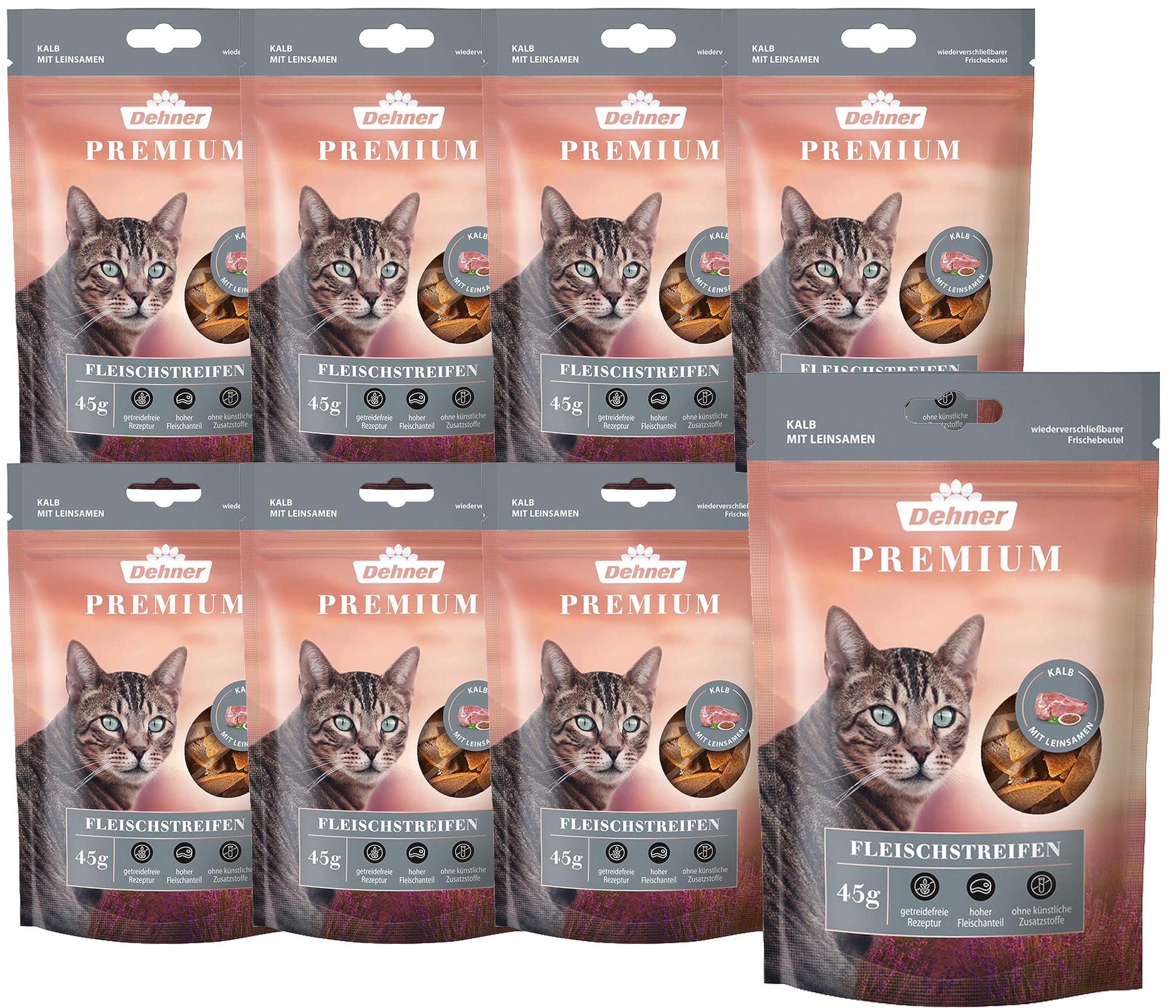 Dehner Premium Katzensnack, Kalbfleischstreifen, 8 x 45 g (360 g)