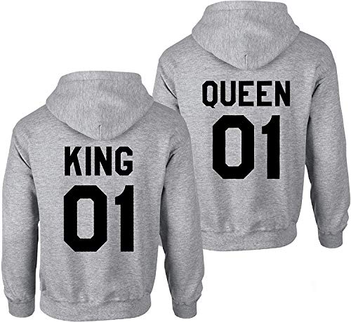 Couples Shop King Queen Pullover Pärchen Hoodie Set (Queen Damen Kapuzenpullover Grau XL)