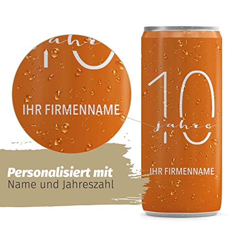 24 Sektdosen Firrmenfeier personalisiert mit Namen der Firma - 24 x 200ml - Inkl. Einwegpfand - Gastgeschenk Geschenk Gäste zur Firmenfeier – orange weiß