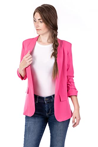 U&F Damen Business Blazer mit gekrempelten 3/4 Ärmeln | sportlich, elegant und modisch | in trendigen Farben mit tailliertem Schnitt | ein leichter Anzug für jeden Anlass fuxia Größe: XXL