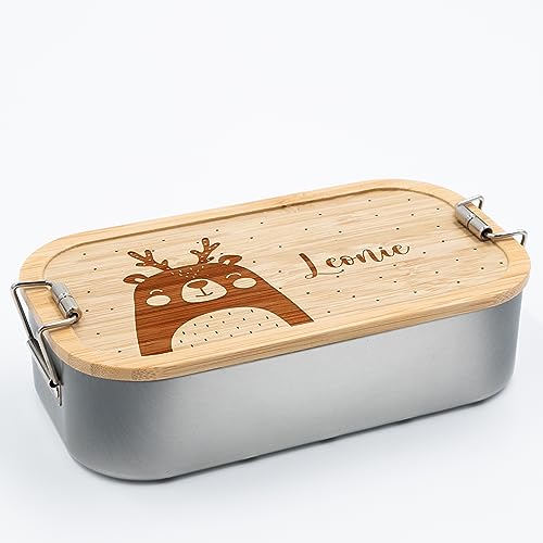 Kidsmood personalisierte Brotdose für Kinder | Individuelle Lunchbox aus hochwertigem Edelstahl mit Bambusdeckel | Personalisiertes Geschenk für Kinder mit Motiv und Wunschnamen [1100 ml.]