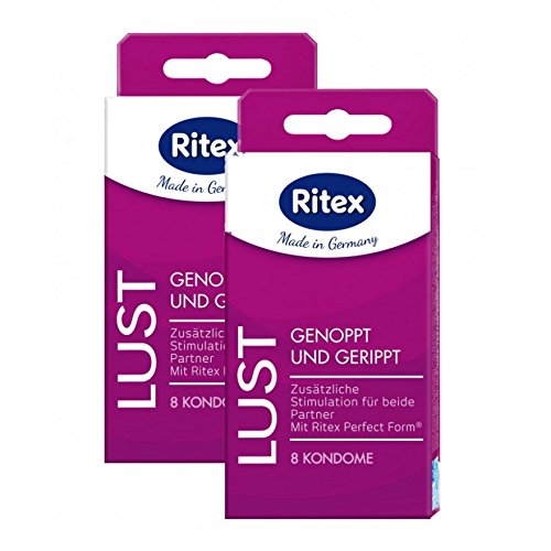 Ritex Lust, Stimulierende Kondome - Genoppte & Gerippte Kondome mit luststeigernder Struktur - 16 (2 x 8) Stück plus 3x ID Lube 3ml