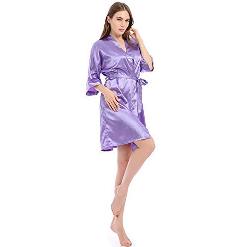 Damen Kimono Roben Morgenmantel, Seide Robe V-Ausschnitt Kimono lose Nachtwäsche Print Bademantel Leichte Nachtwäsche Damen Morgenmantel Lila-S
