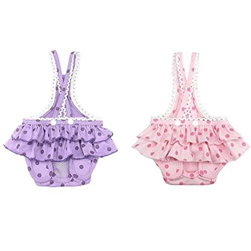 Pet Pants, Adjustable Strap Tightening Physiological Sanitary Breathable Cotton Suspender Short Pants with Round Dots Pattern Reusable Washable Hygienic for Female Animal Dog Puppy 2pcs (Pink+Violet,