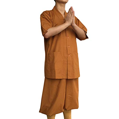G-like Buddisten Mönche Laien Kostüm - Chinesische Traditionelle Buddhistische Taoistische Kleidung Kampfkunst Shaolin Kung Fu Wushu Kurzärmelige Robe Stehkragen Uniform Sommer Anzug (Gelb, S)