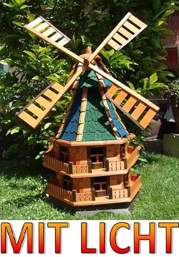 ÖLBAUM Große MASSIVHOLZ - Windmühle, mit WETTERFESTEM Bitumendach + Beleuchtung, Windmühle für Garten, Gartenwindmühlen, WMBB140gr+bl-EMS grüngrau blau Mühlen Mühle aus Holz braun mit Solarbeleucht