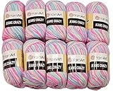YarnArt Jeans Crazy Strickwollknäuel,10er-Packung, 50 g, aus 55 % Baumwolle, 500 g Wolle mit mehrfarbigem Farbverlauf (Rosa, Blau, Mint usw. 7205)