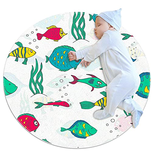 Baby-Abenteuer-Teppich Bunte Fische Soft Area Teppiche Runde für Schlafzimmer Teppich, Teppich für Wohnzimmer Mädchen Zimmer 80x80cm