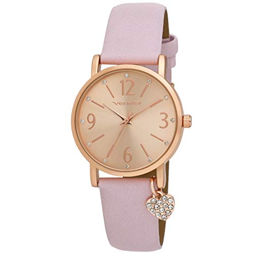 Vernier Damen-Armbanduhr mit Herz-Anhänger, veganes Lederarmband, 34 mm Damen-Armbanduhr (VNR11611), Pink
