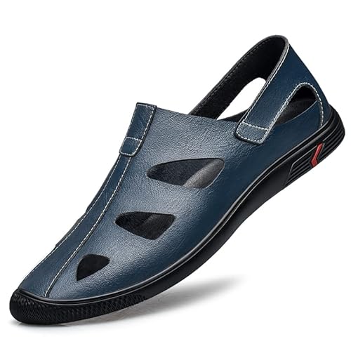 GMBN Echte Ledersandalen for Herren Mokassin Business Dress Sandalen Antikollision Close Toe Handmade Hollow Lederschuhe (Color : Blue Mesh, Shoe Size : 38 EU)