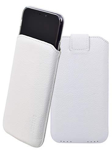 Suncase ECHT Leder Tasche kompatibel mit iPhone 11 (6.1") mit ZUSÄTZLICHER Transparent Hülle | Schale | Silikon Bumper Handytasche (mit Rückzugsfunktion und Magnetverschluss) in Weiss