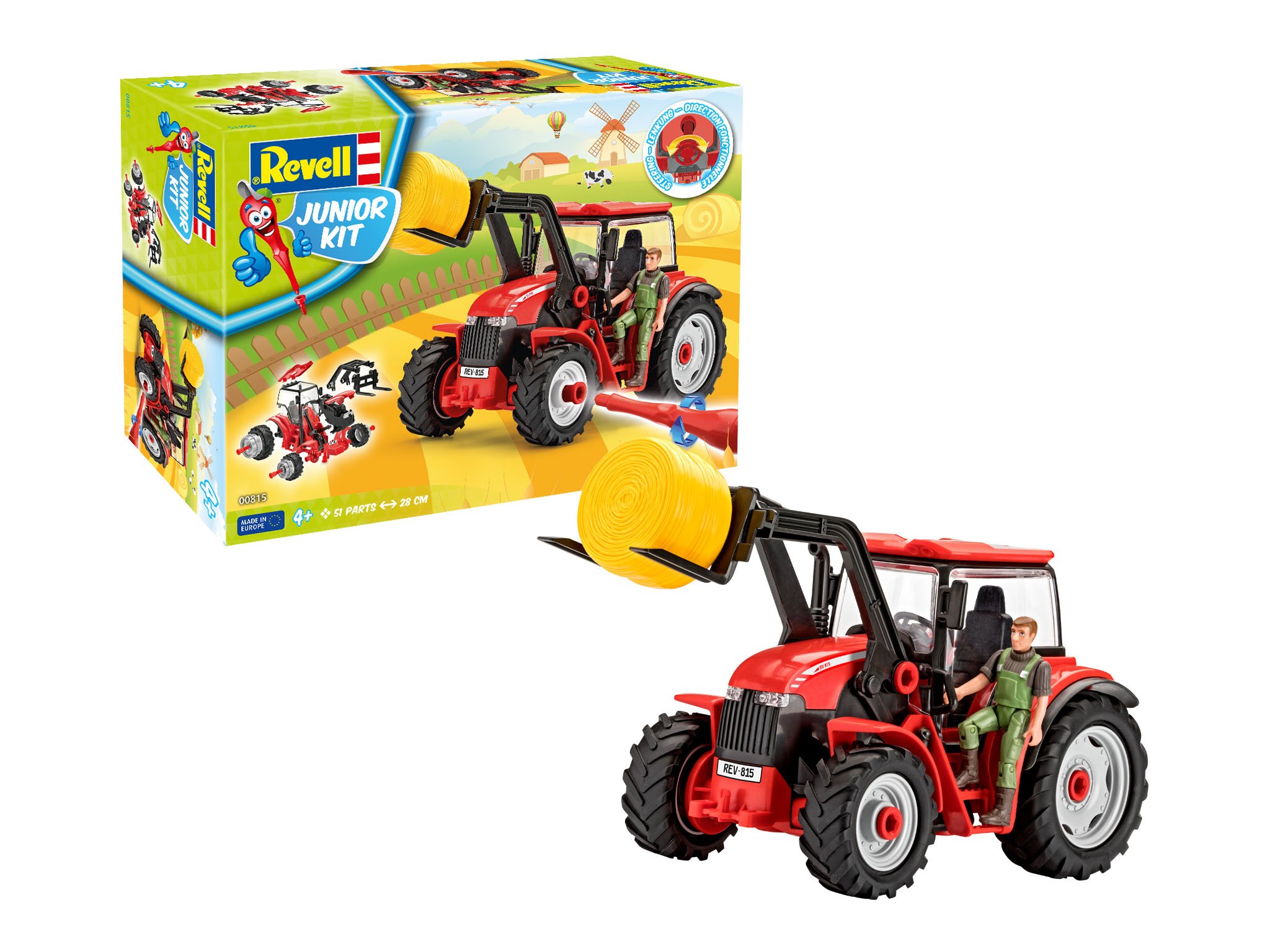 Revell 00815 Junior Kit-Traktor mit Frontlader und Spielfigur 4 der Bausatz mit dem Schraubsystem für Kinder ab 4 Jahre, Bauen-Schrauben-Spielen, mit tollen Funktionen, rot, Länge ca. 28 cm