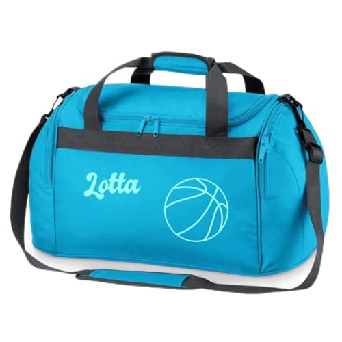 Sporttasche mit Namen Bedruckt für Kinder | Personalisierbar mit Motiv Basketball | Reisetasche Duffle Bag für Mädchen und Jungen Sport (türkis)