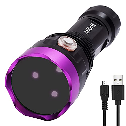 AHOME V30S UV 365nm Taschenlampe [USB wiederaufladbar] Schwarzlicht, ZWB2 Filter, 3 Hochleistungs Ultraviolet LEDs, [5000mAh Akku] und Ladekabel, für den professionellen/gewerblichen Gebrauch