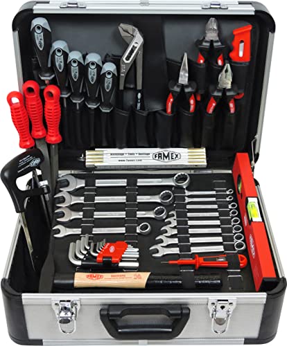 FAMEX 729-88 Werkzeugkoffer gefüllt mit Profi Werkzeug-Set - Alu Werkzeugkasten bestückt - Werkzeuge aus deutscher Produktion