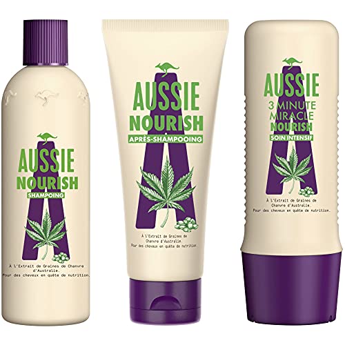 Aussie Nourish Shampoo 300 ml, Conditioner 200 ml und intensiv pflegende Pflege 250 ml, für trockenes und geschädigtes Haar, mit Hanfsamenextrakt, pflegt und schützt Ihr Haar