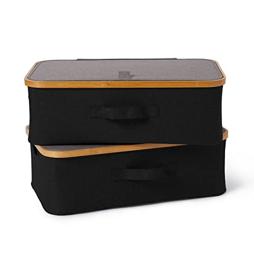 Lumaland faltbares Unterbett Aufbewahrungsbox Organizer mit Bambus-Rahmen im 2er Set Maße 54 x 33 x 18 cm, Grauer Deckel/Antrazit Box