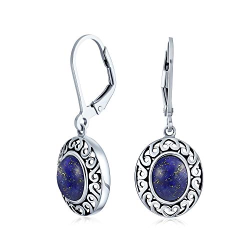 Bali Stil Blau Lapis Lazuli Edelstein Runde Lünette Einstellen Leverback Baumeln Ohrringe Für Frauen Oxidiert 925 Sterling Silber