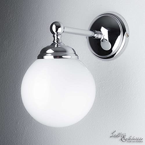 Wandleuchte Weiß Glasschirm Rund Echt-Messing Verchromt Glänzend Handarbeit Exklusiv Wandlampe Flur Schlafzimmer