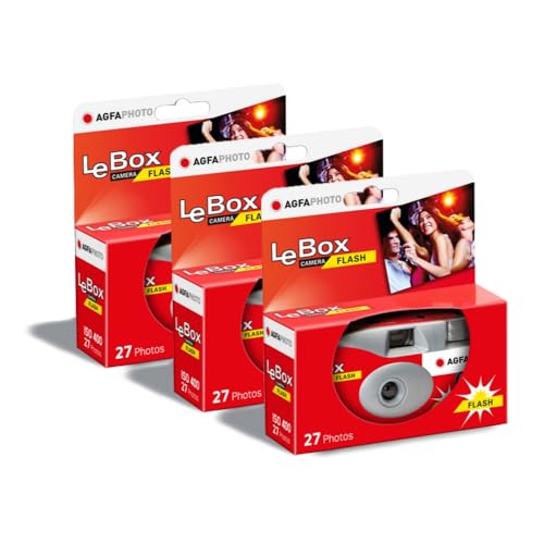 AGFA PHOTO LeBox 601020 Einwegkameras, 3 Stück, 27 Fotos, optisches Objektiv 31 mm, Grau und Rot