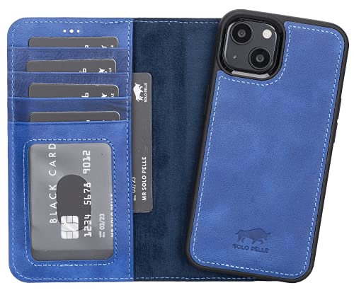 Solo Pelle Lederhülle kompatibel für iPhone 13 in 6.1 Zoll abnehmbare Hülle (2in1) inkl. Kartenfächer für das original Apple iPhone 13 (Vintage Blau)