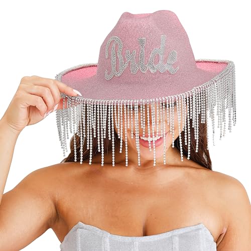Ginger Ray Embellished Diamante 'Bride' Pink Glitter Cowboy Hat with Tasselled Rim Hen Party Wearable
