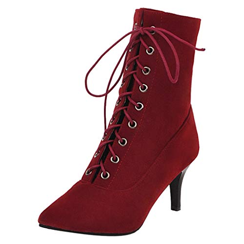 Stiefel Damen Mode Wildleder High Heels Schnürung Einfarbig Short Pointed Toe Schuhe (37,rot)