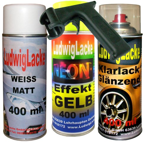 Ludwiglacke Neon Lack Spray Set Gelb 3 Spraydosen a 400ml + Spraydosen Handgriff