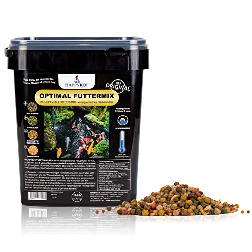 HAPPYKOI® Optimal Mix - Spezial Koi Fisch Futter Futtermix ausgewogen für Wachstum & Farbe mit Spirulina & Gammarus - 10,3 Liter Pellet Ø3 bis Ø6 mm
