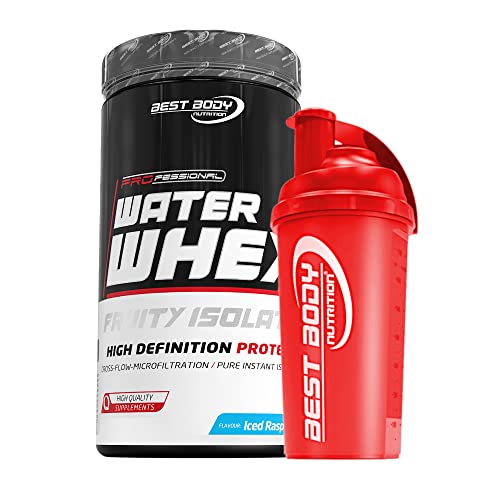 460 g Best Body Nutrition Water Whey Fruity Isolate (Iced Raspberry) Molkenprotein + Protein Shaker (rot)