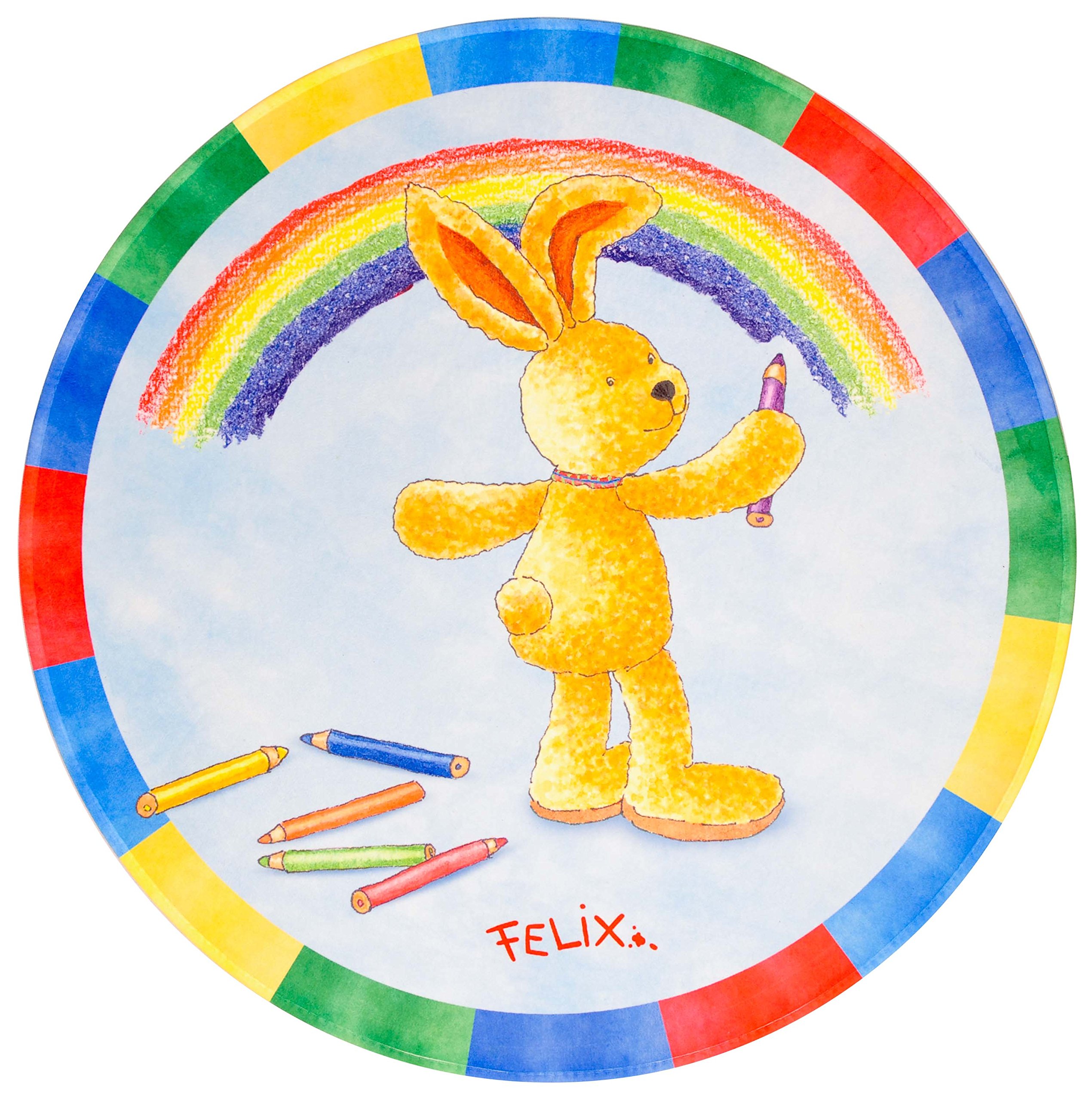 Felix der Hase Kinderteppich mit Regenbogen Farben, Weich und Soft Ø100 cm Rund, Farbe Hellblau, Öko-Tex zertifiziert, Bildmotiv für Jungen und Mädchen