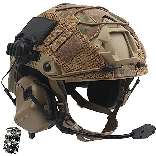 AQzxdc Military SWAT Style Military Fast Helm, mit taktischem Headset & Helmtuch-Sets, für Airsoft Paintball, Halloween, Cosplay Schutzausrüstung,Beige,M