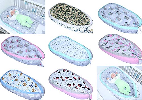 PRIMAWELA® Baby Nestchen Kokon Kuschelnest Reisebett 2-seitig 100% Baumwolle (Star Rosa + Sterne auf Rosa)