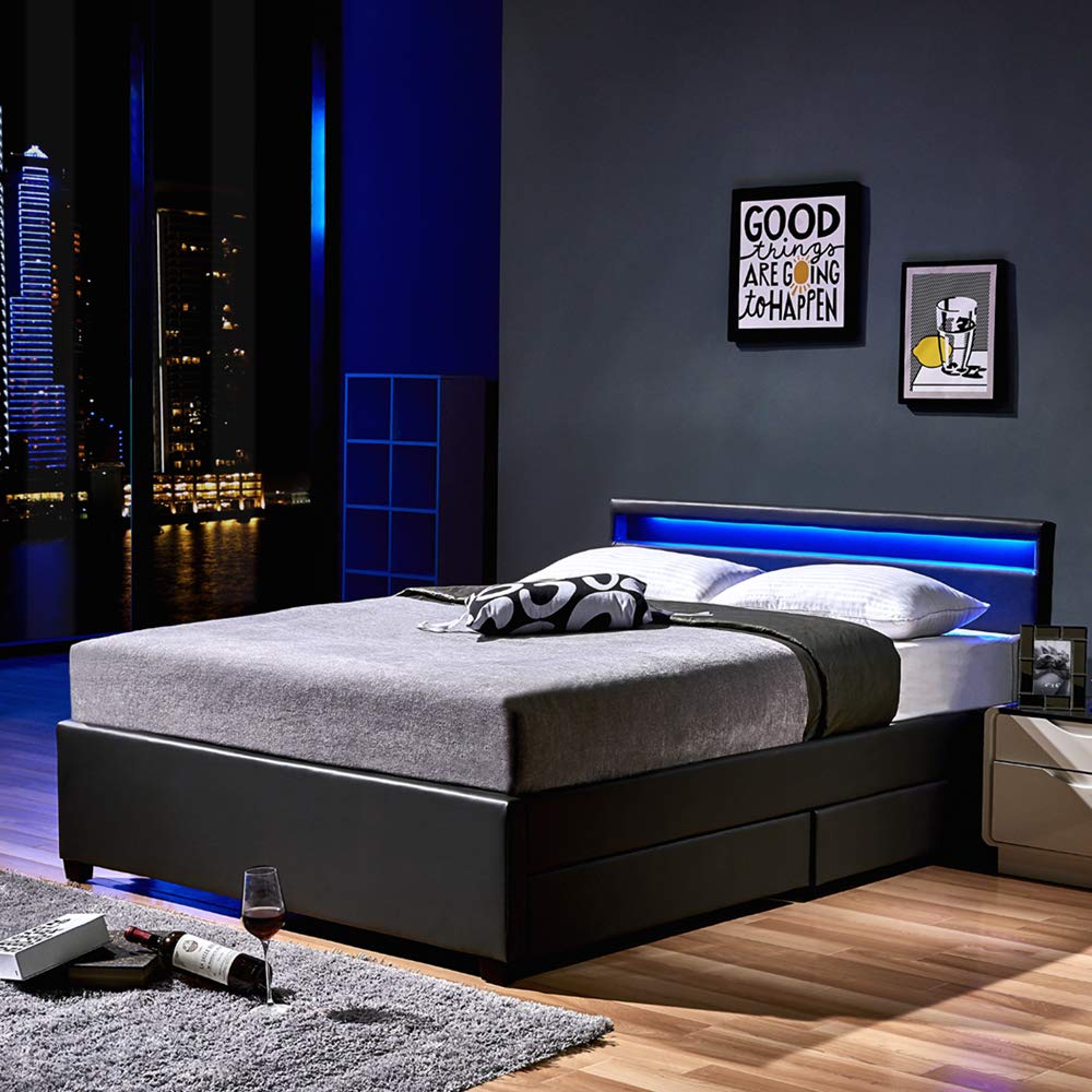 Home Deluxe - LED Bett NUBE - Schwarz, 140 x 200 cm - inkl. Matratze, Lattenrost und Schubladen I Polsterbett Design Bett inkl. Beleuchtung