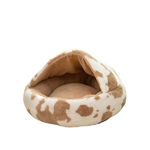 Gemütliches, flauschiges Plüsch-Haustierbett, Donut-Design, für Katzen und Hunde, tiefer Schlaf, halbgeschlossen, selbstwärmend, mit rutschfester Höhle, Größe M, gepunktetes Camel