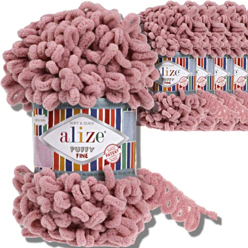 Alize 5x 100g Puffy Fine türkische Wolle Super Bulky Chenillegarn Babywolle Handstrickgarn ohne Nadel zum häkeln weiches Chenille-Garn XXL-Knäuel für Amigurumi (Pink Rose | 295)