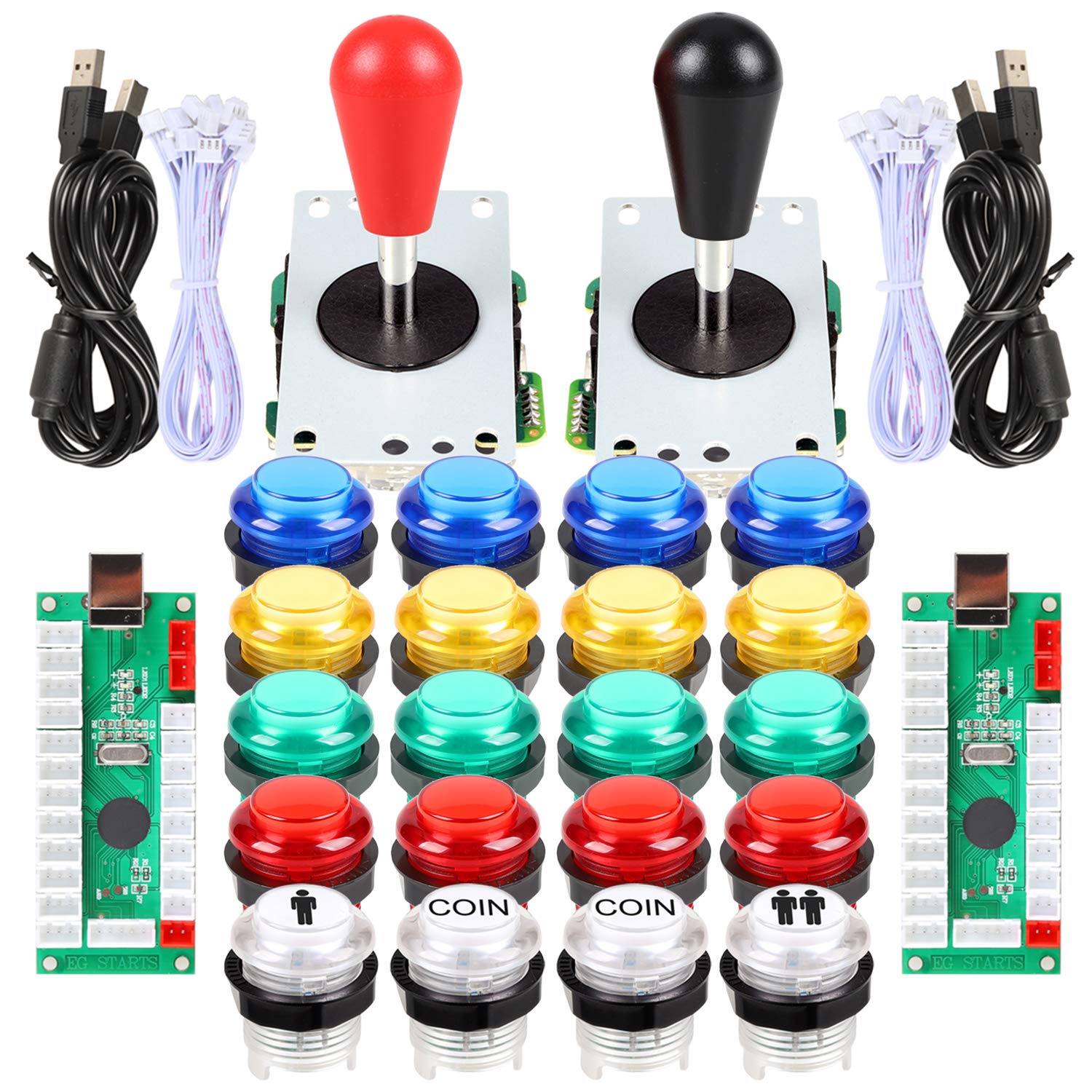 EG STARTS 2 Spieler LED Arcade DIY Teile 2X USB Encoder + 2X Ellipse Oval Style Joystick + 20x LED Arcade Tasten für PC MAME Raspberry Pi Windows System (Mischfarben Kit)