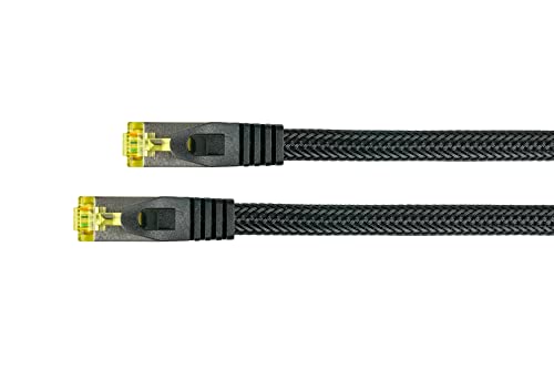 PYTHON RJ45 Ethernet LAN Patchkabel mit Cat. 7 Rohkabel, mit Rastnasenschutz RNS und Nylongeflecht, S/FTP, PiMF, halogenfrei, 500MHz, OFC, 10-Gigabit-fähig - schwarz, 30m