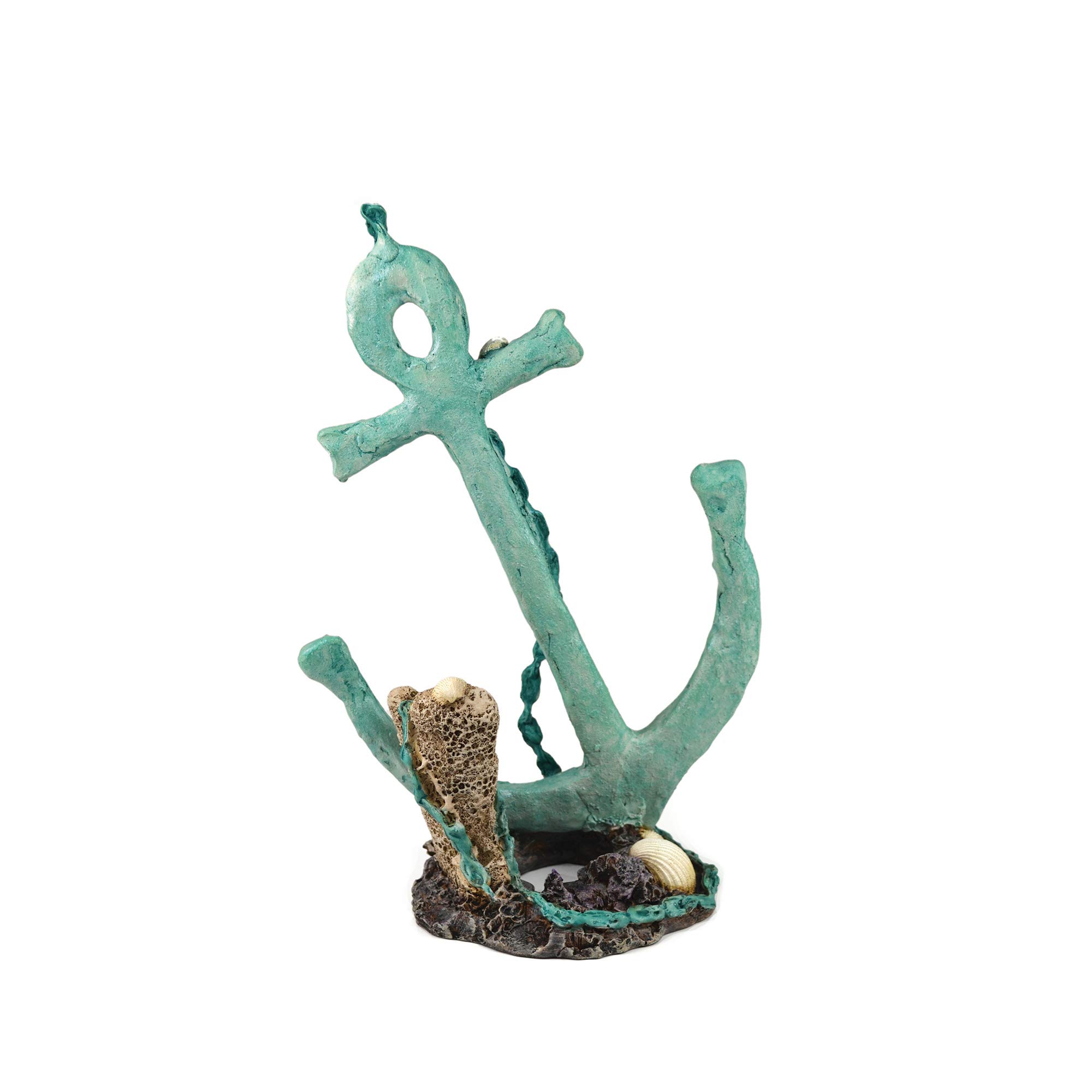 biOrb 46139 Anker Ornament – detaillierte Aquariendekoration in grün/ türkis mit Muschel und Korallen auf einem Felsen | zur maritimen Einrichtung von Süßwasseraquarien und Meerwasseraquarien