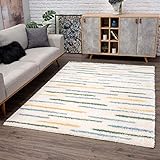 Teppich Shaggy Hochflor - Streifen-Muster 140x200 cm Creme Multi - Moderne Wohnzimmer-Teppiche